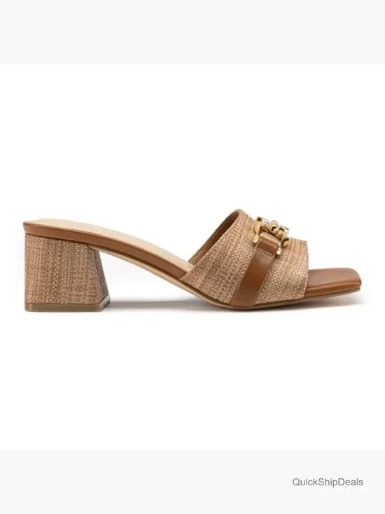 Raffia Heeled Sandals Square Open Toe Slip On Mules Chunky Block Heels - Picture 4 of 7